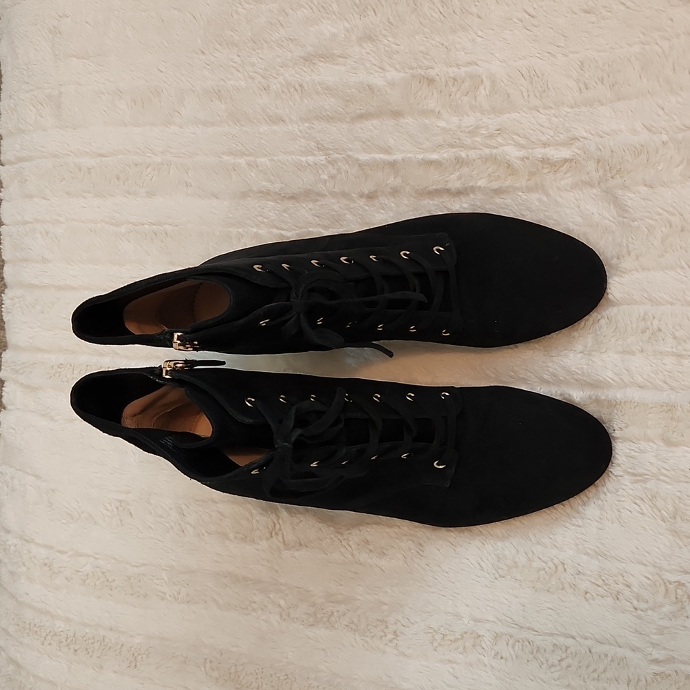 JCrew Black Suede Faux Lace-Up Zippered Block Heel Boots Size 10